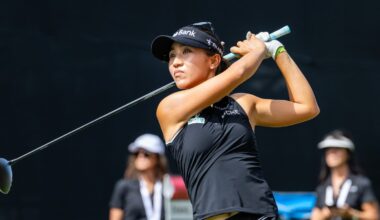 MENLO PARK, CA - MARCH 21: Lydia Ko of New Zealand tees off on the 18th hole during the third round of the LPGA Fortinet Founders Cup on March 21, 2026 at Sharon Heights Golf & Country Club in Menlo Park, CA. (Photo by Matthew Huang/Icon Sportswire) (Icon Sportswire via AP Images)