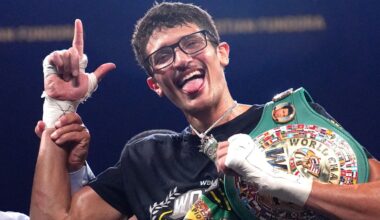 Sebastian Fundora celebrates after defeating Keith Thurman