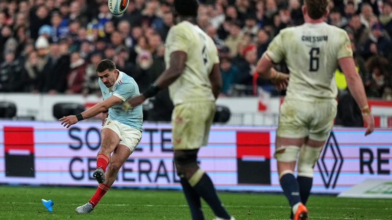 Thomas Ramos kicks the winning penalty for France (AP Photo/Michel Euler)
