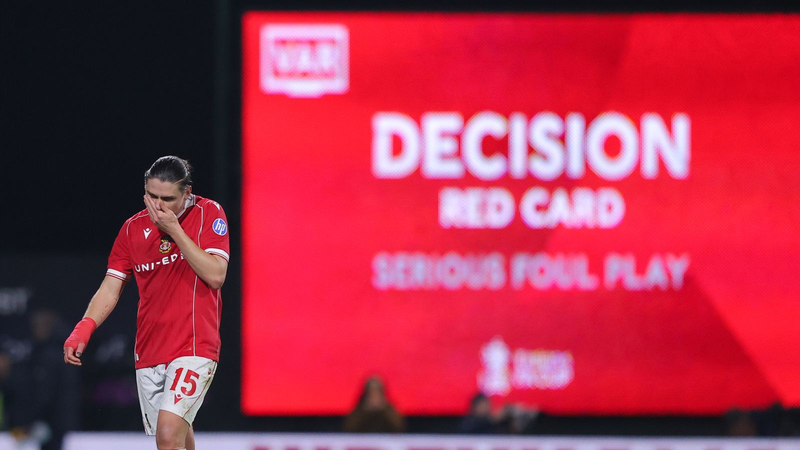 George Dobson was sent off after VAR upgraded his yellow card to a red card