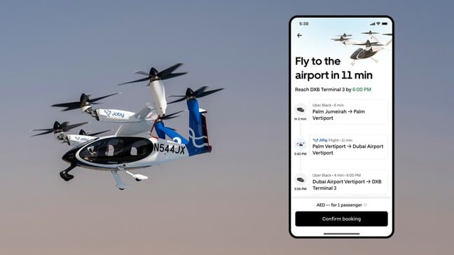 Uber's visualization of its app and a Joby flying taxi