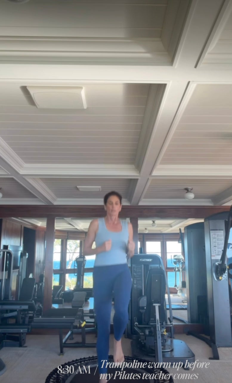 By 8am, the 60-year-old forner supermodel is hitting the trampoline