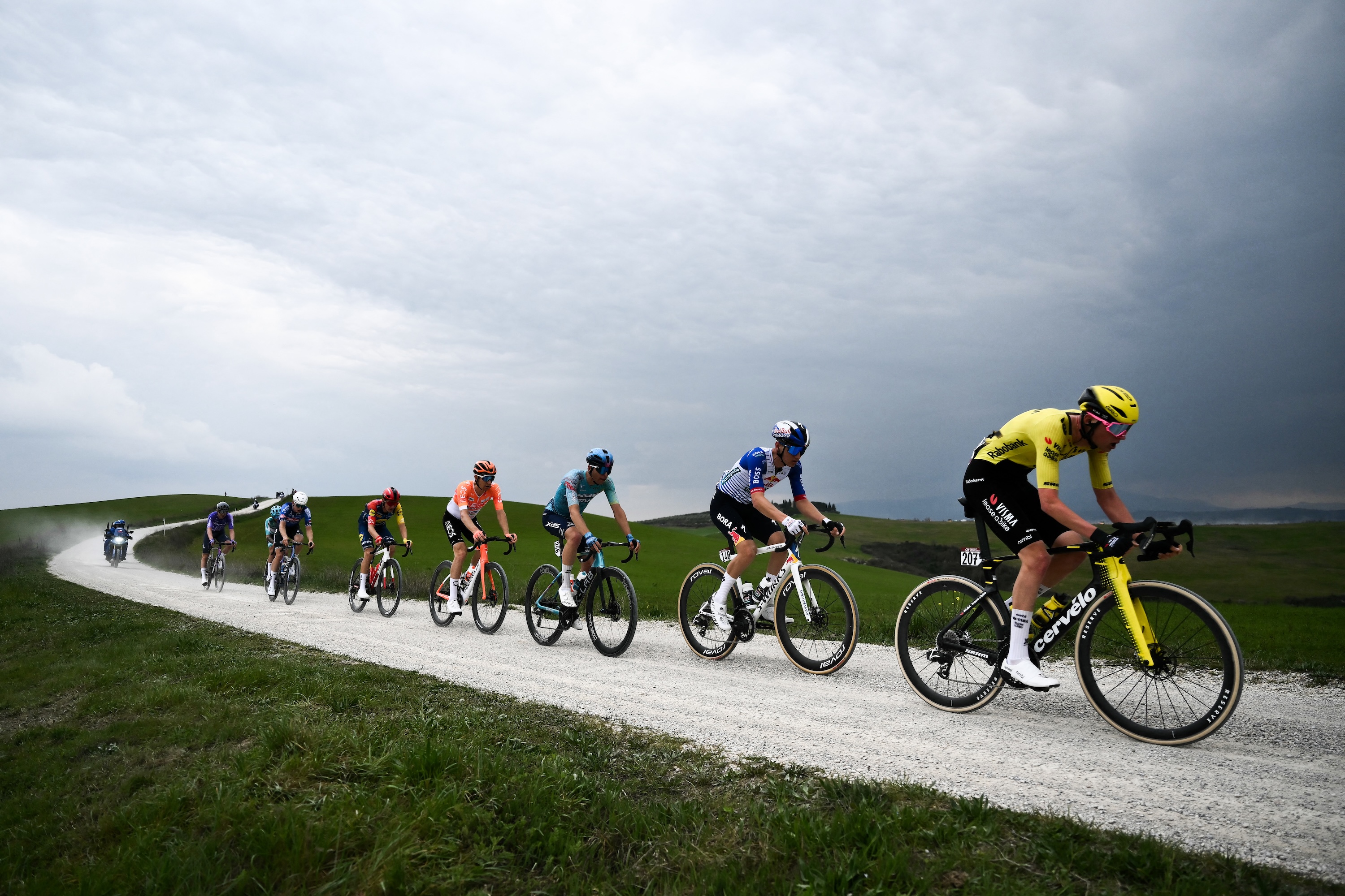 The breakaway rides during the 20th one-day classic 'Strade Bianche' (White Roads) men's cycling race between Siena and Siena in Tuscany on March 7, 2026. (Photo by Marco BERTORELLO / AFP)