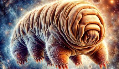Water bears on Mars: Wrinkly, cylindrical creature with no eyes and 6 stubby legs with claws against a spacey background.