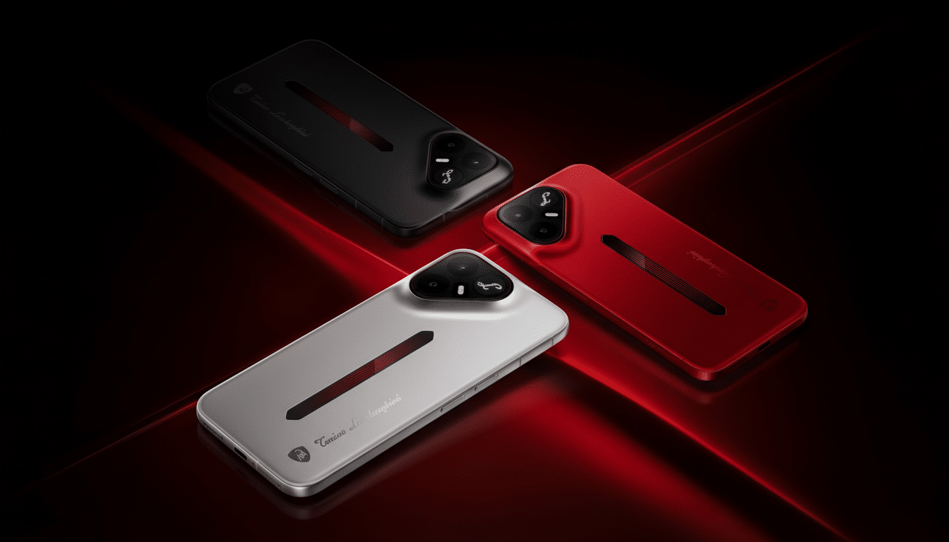 Three Tonino Lamborghini smartphones in black, red, and silver, arranged on a dark background with red light accents.