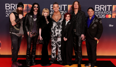 Kelly Osbourne, Robbie Williams, Sharon Osbourne attend The BRIT Awards 2026 at Co-op Live on February 28, 2026 in Manchester, England.