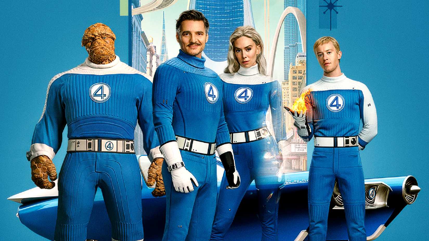 The Fantastic Four_ First Steps' main cast poses in front of the Fantasticar and the Baxter Building
