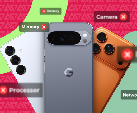 Three smartphones with red 'X' signs over labels for battery, camera, memory, display, network, and processor specs.