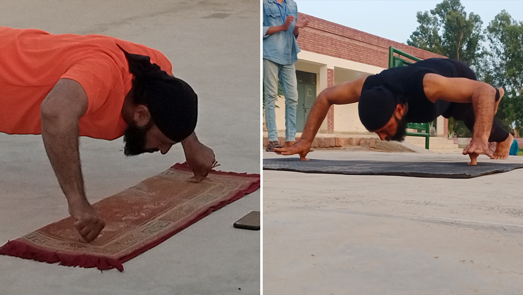 split image of Muhammad Arshad performing push-ups on his thumbs