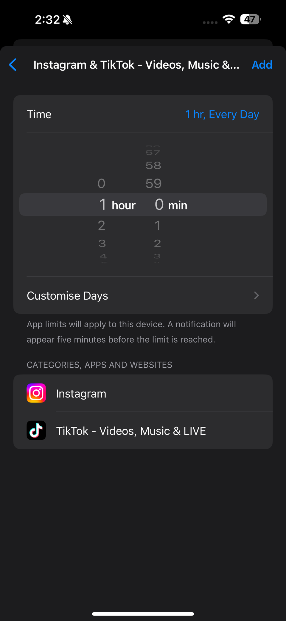 Time slider and Customize Days option on an iPhone screen within Screen Time settings