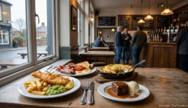 Traditional British dishes including fish and chips and shepherd’s pie on a wooden pub table in the UK.