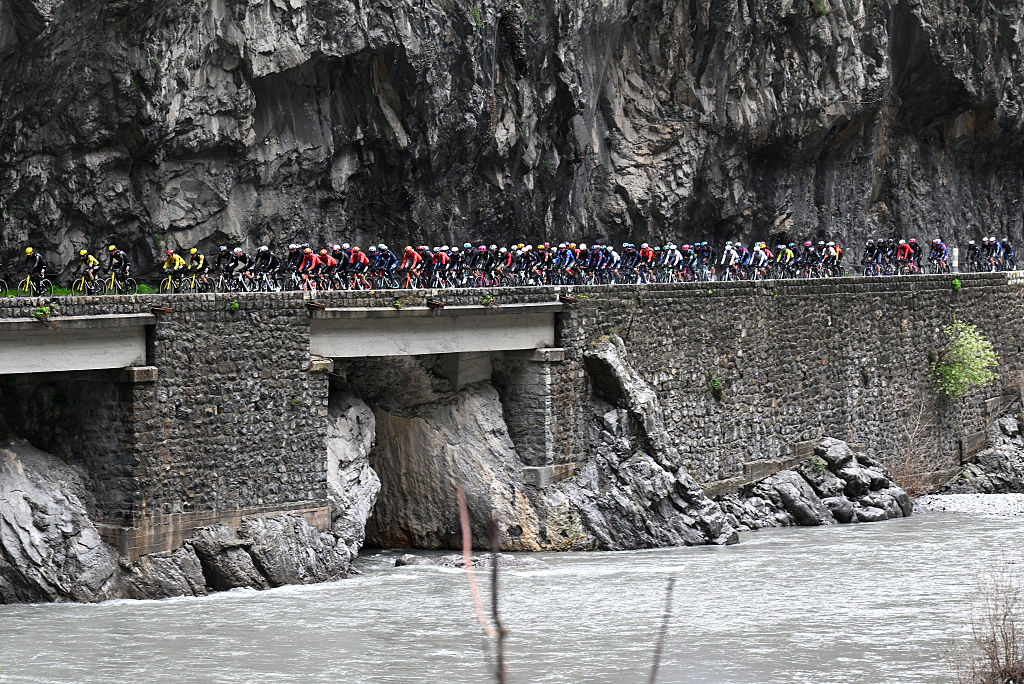 ISOLA, FRANCE - MARCH 14: A general view of the peloton prior to the 84th Paris-Nice 2026, Stage 7 a 47km stage from Pont Louis Nucera to Isola 855m / Stage shortened due to adverse weather conditions / #UCIWT / on March 14, 2026 in Pont Louis Nucera, France. (Photo by Szymon Gruchalski/Getty Images)
