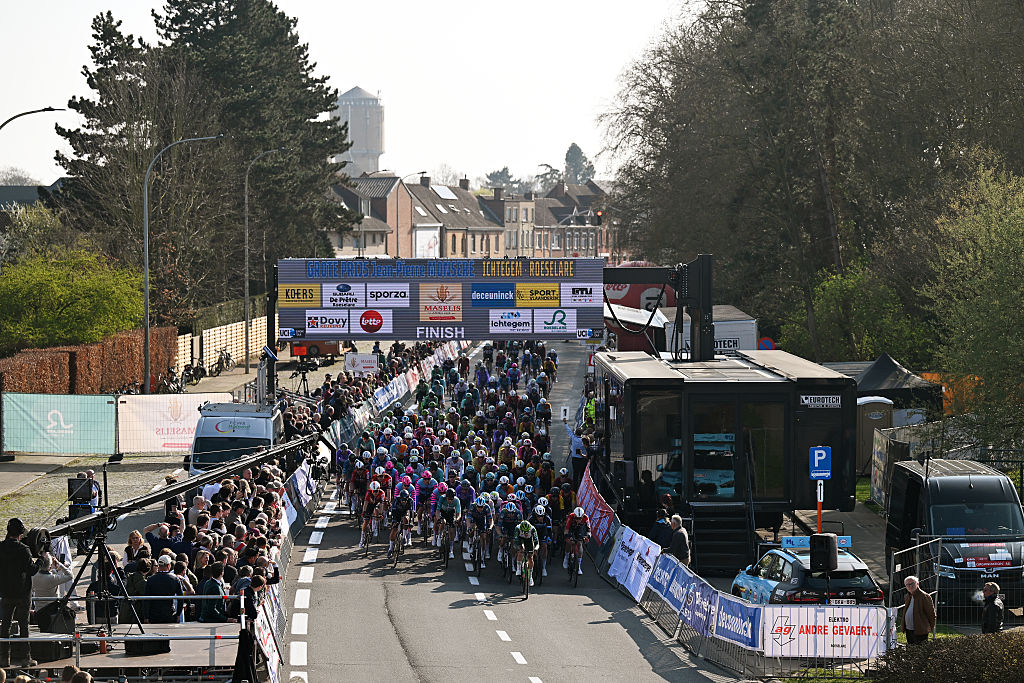 ROESELARE - MARCH 22: A general view of the peloton competing during the 15th Grote Prijs Jean-Pierre Monsere 2026 a 202.5km one day race from Torhout to Roeselare on March 22, 2026 in Roeselare, Italy. (Photo by Luc Claessen/Getty Images)
