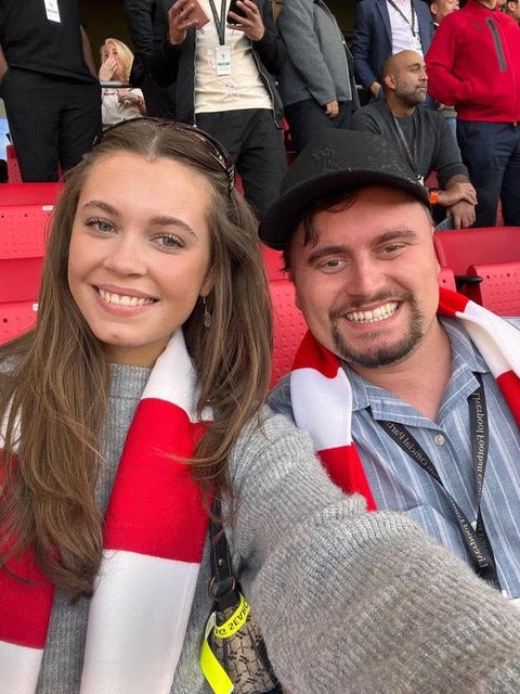 Alex with his girlfriend Rachel at a Liverpool match in September 2025 after having brain surgery, radiotherapy and chemotherapy
