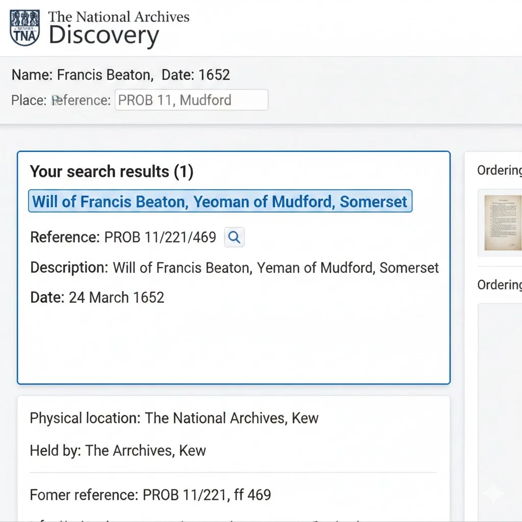 A fake screenshot of The National Archives' website with a record for the will of Francis Beaton