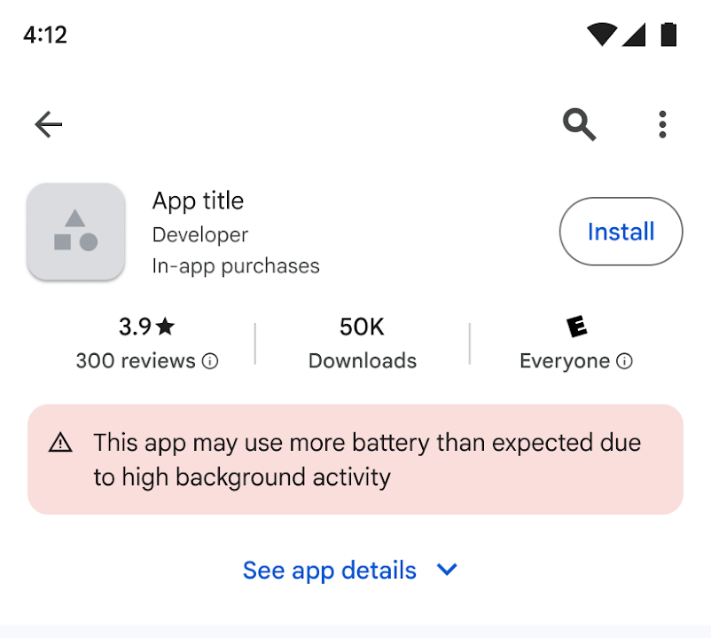 A screenshot highlighting Google Play's high battery usage warning.