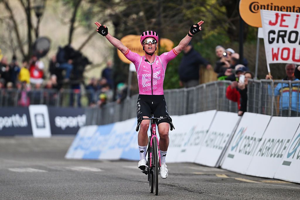MOMBAROCCIO, ITALY - MARCH 13: Michael Valgren of Denmark and Team EF Education - EasyPost celebrates at finish line as stage winner during the 61st Tirreno-Adriatico 2026, Stage 5 a 184km stage from Marotta-Mondolfo to Mombaroccio 309m / #UCIWT / on March 13, 2026 in Mombaroccio, Italy. (Photo by Tim de Waele/Getty Images)