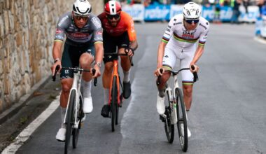 SANREMO, ITALY - MARCH 22: (L-R) Mathieu Van Der Poel of Netherlands and Team Alpecin &ndash; Deceuninck, Filippo Ganna of Italy and Team INEOS Grenadiers and Tadej Pogacar of Slovenia and Team UAE Team Emirates compete in the breakaway during the 116th Milano-Sanremo 2025 a 289km one day race from Pavia to Sanremo / #UCIWT / on March 22, 2025 in Sanremo, Italy. (Photo by Luca Bettini - Pool/Getty Images)