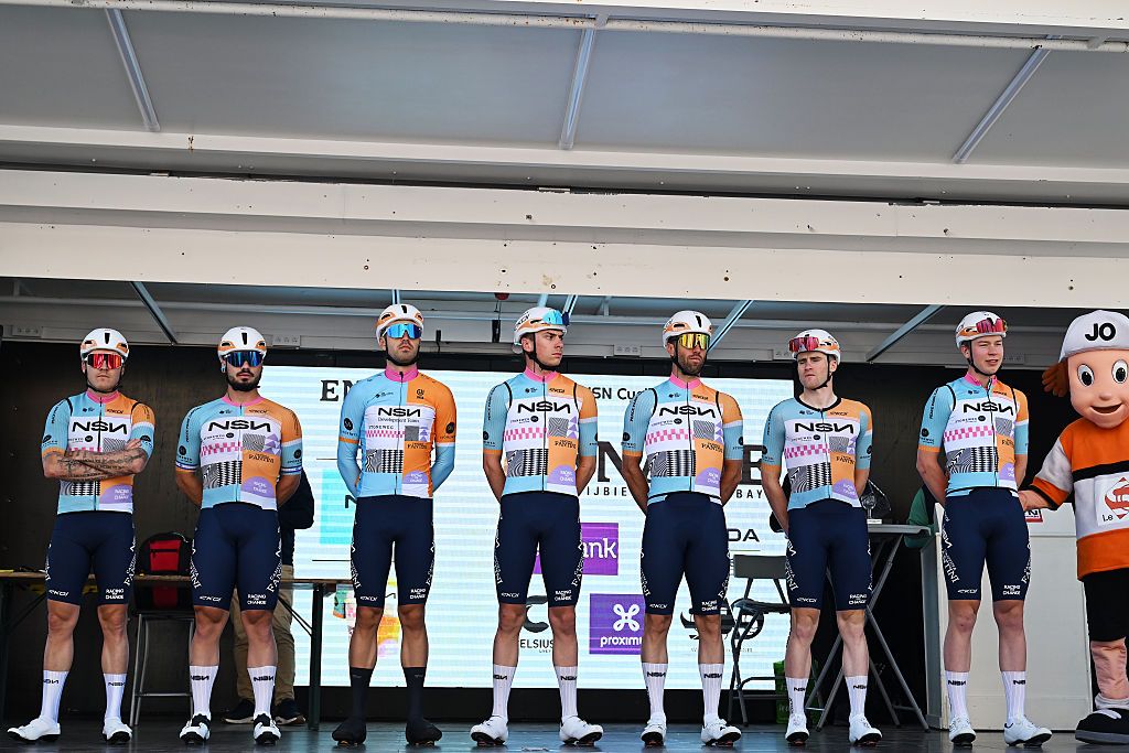 QUAREGNON, BELGIUM - MARCH 03: A general view of Hugo Hofstetter of France, Oded Kogut of Israel, Kiaan Watts of New Zealand, Miko Pirinen of Finland, Floris Van Tricht of Belgium, Jens Verbrugghe of Belgium, Tom Van Asbroeck of Belgium and Team NSN Cycling prior to the 58th Ename Samyn Classic 2026 - Men&amp;apos;s Elite a 203.8km one day race from Quaregnon to Dour on March 03, 2026 in Quaregnon, Belgium. (Photo by Luc Claessen/Getty Images)
