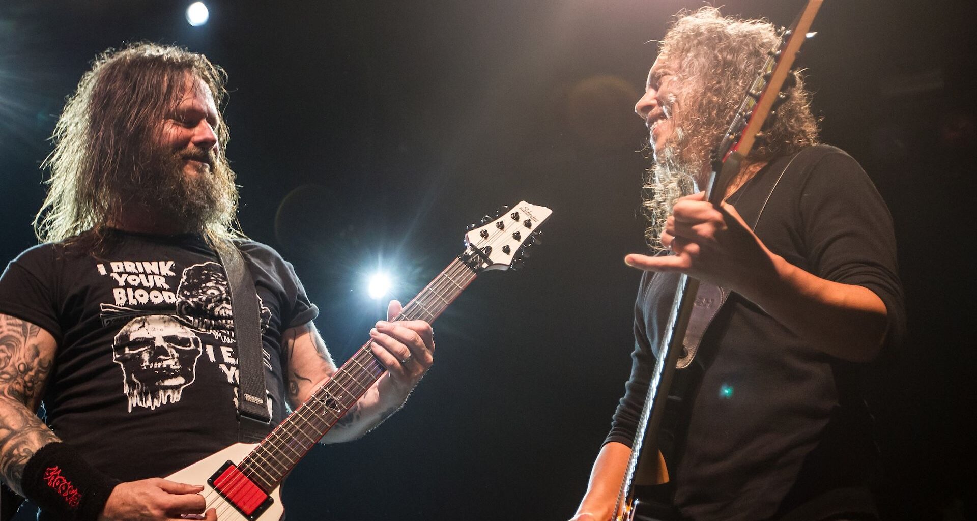 Gary Holt of Exodus and Kirk Hammett of Metallica play an encore on Exodus' gig at Fear FestEvil Grand Regency Ballroom on February 8, 2014 in San Francisco