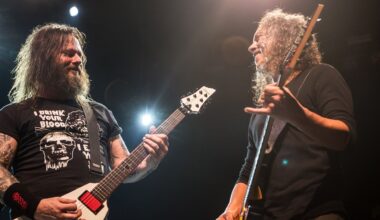 Gary Holt of Exodus and Kirk Hammett of Metallica play an encore on Exodus' gig at Fear FestEvil Grand Regency Ballroom on February 8, 2014 in San Francisco