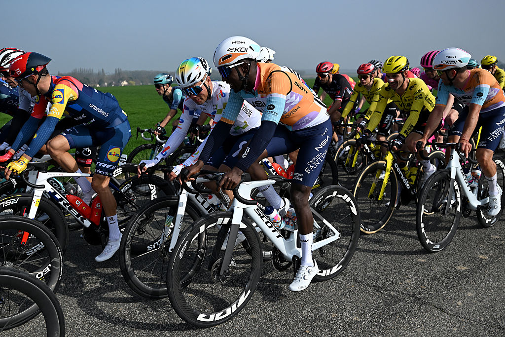 CARRIERES-SOUS-POISSY, FRANCE - MARCH 08: Biniam Girmay of Eritrea and Team NSN Cycling competes during the 84th Paris-Nice 2026, Stage 1 a 170.9km stage from Acheres to Carrieres-sous-Poissy / #UCIWT / on March 08, 2026 in Carrieres-sous-Poissy, France. (Photo by Szymon Gruchalski/Getty Images)