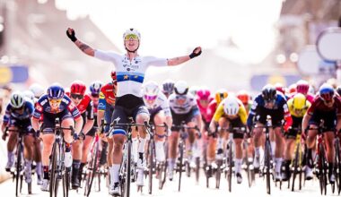 Dutch Lorena Wiebes of SD Worx-Protime celebrates as she crosses the finish line at the men elite 'Gent-Wevelgem - In Flanders Fields' one day cycling race, 250.3 km from Ieper to Wevelgem, Sunday 30 March 2025. BELGA PHOTO JASPER JACOBS (Photo by JASPER JACOBS / BELGA MAG / Belga via AFP) (Photo by JASPER JACOBS/BELGA MAG/AFP via Getty Images)