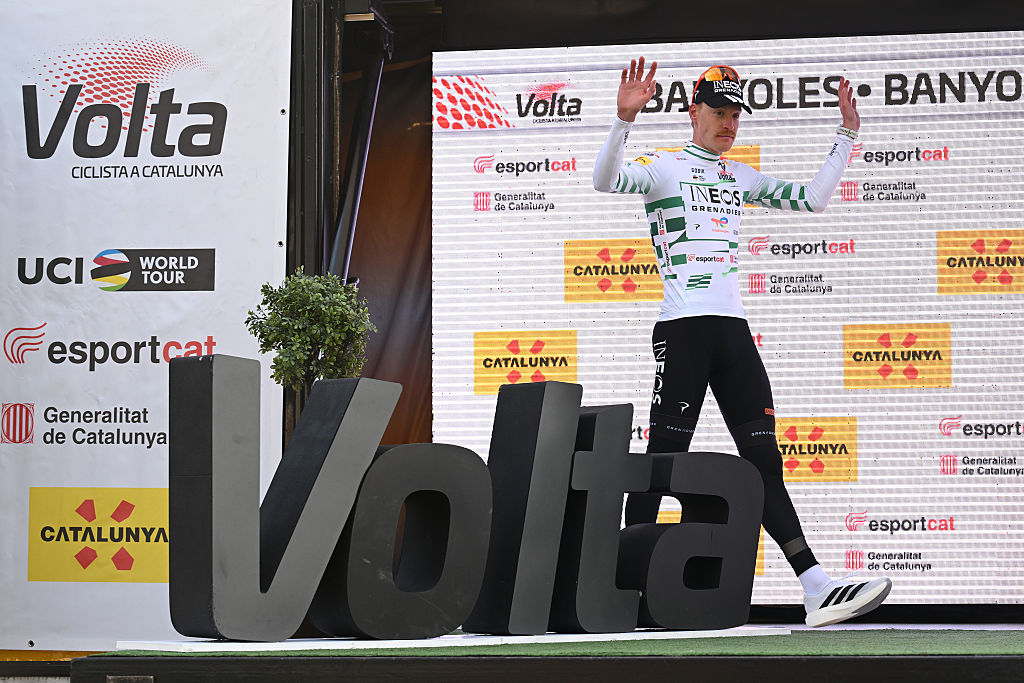 BANYOLES, SPAIN - MARCH 24: Dorian Godon of France and Team INEOS Grenadiers celebrates at podium as Green Leader Jersey winner during the 105th Volta a Catalunya 2026, Stage 2 a 167.4km stage from Figueres to Banyoles / #UCIWT / on March 24, 2026 in Banyoles, Spain. (Photo by Szymon Gruchalski/Getty Images)