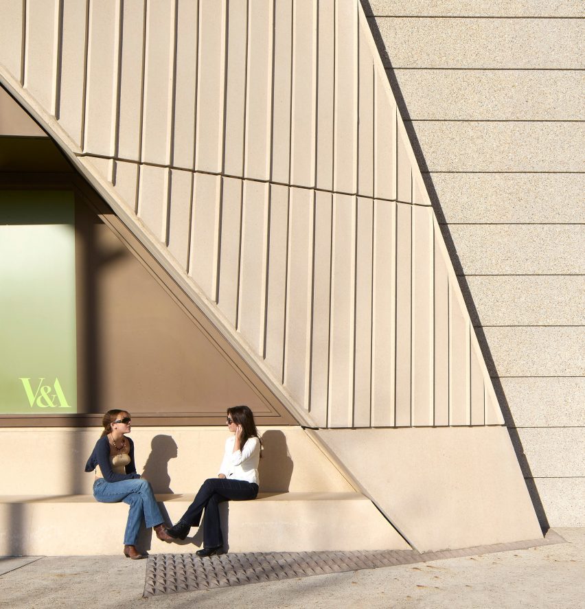 People sat outside V&A East museum by O'Donnell Tuomey