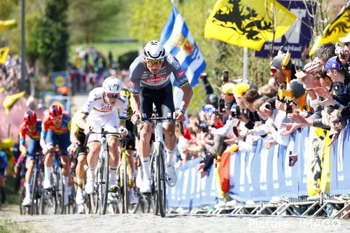 Mathieu van der Poel and Tadej Pogacar during 2025 Tour of Flanders