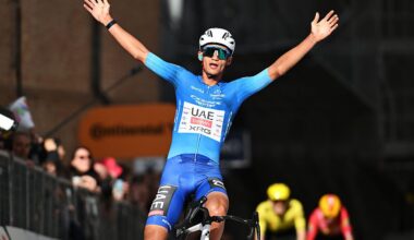 CAMERINO, ITALY - MARCH 14: Isaac Del Toro of Mexico and UAE Team Emirates - XRG - Blue Leader Jersey celebrates at finish line as stage winner during the 61st Tirreno-Adriatico 2026, Stage 6 a 188km stage from San Severino Marche to Camerino 656m / #UCIWT / on March 14, 2026 in San Severino Marche, Italy. (Photo by Tim de Waele/Getty Images)