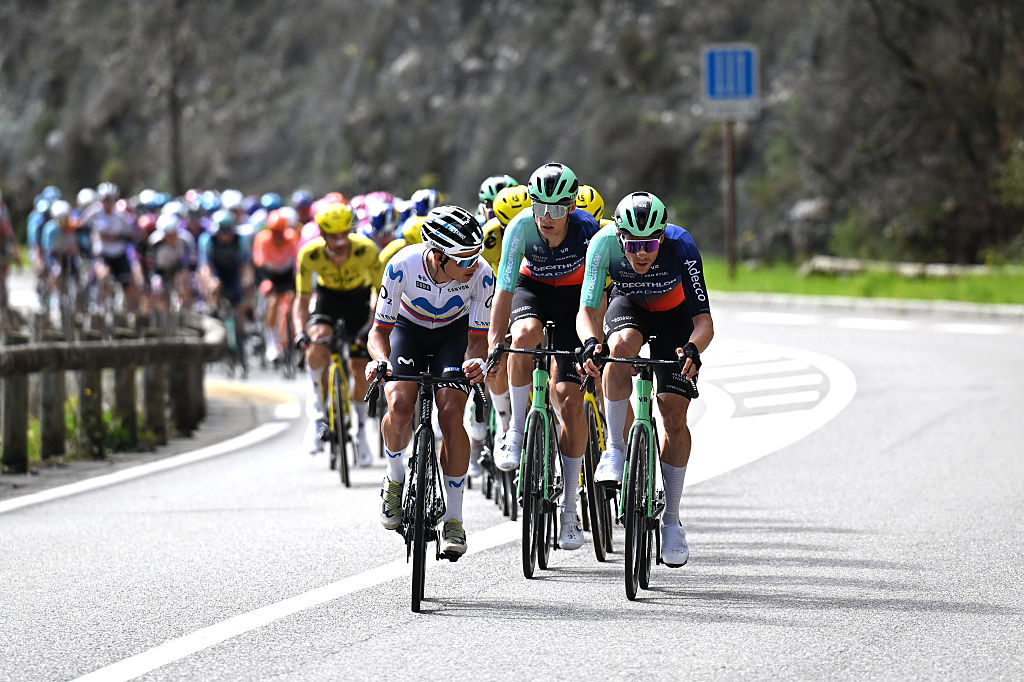 NICE, FRANCE - MARCH 15: (L-R) Orluis Aular of Venezuela and Team Movistar and Sander De Pestel of Belgium and Team Decathlon CMA CGM lead the peloton during the 84th Paris-Nice 2026, Stage 8 a 129.2km stage from Nice to Nice / #UCIWT / on March 15, 2026 in Nice, France. (Photo by Szymon Gruchalski/Getty Images)