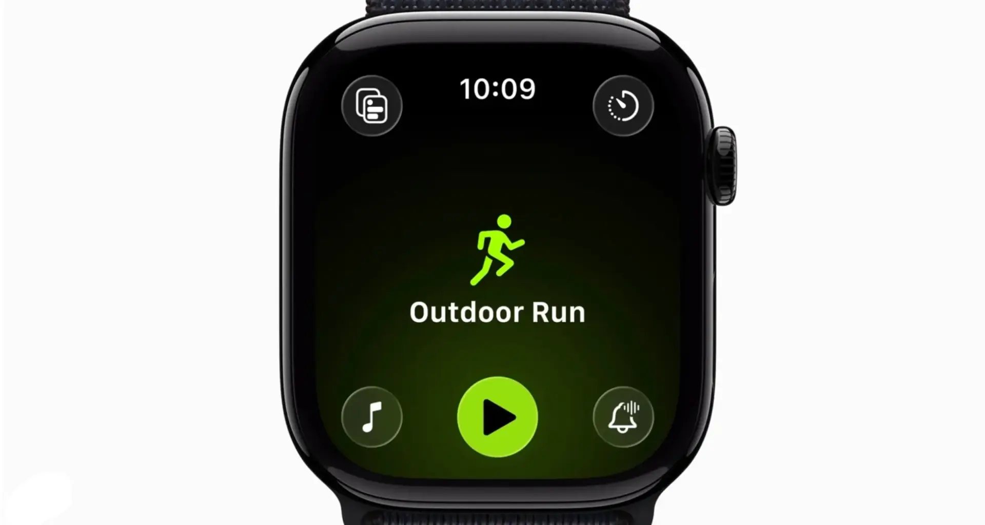 Image of Apple Watch with Workout app showing Outdoor Run in watchOS 26