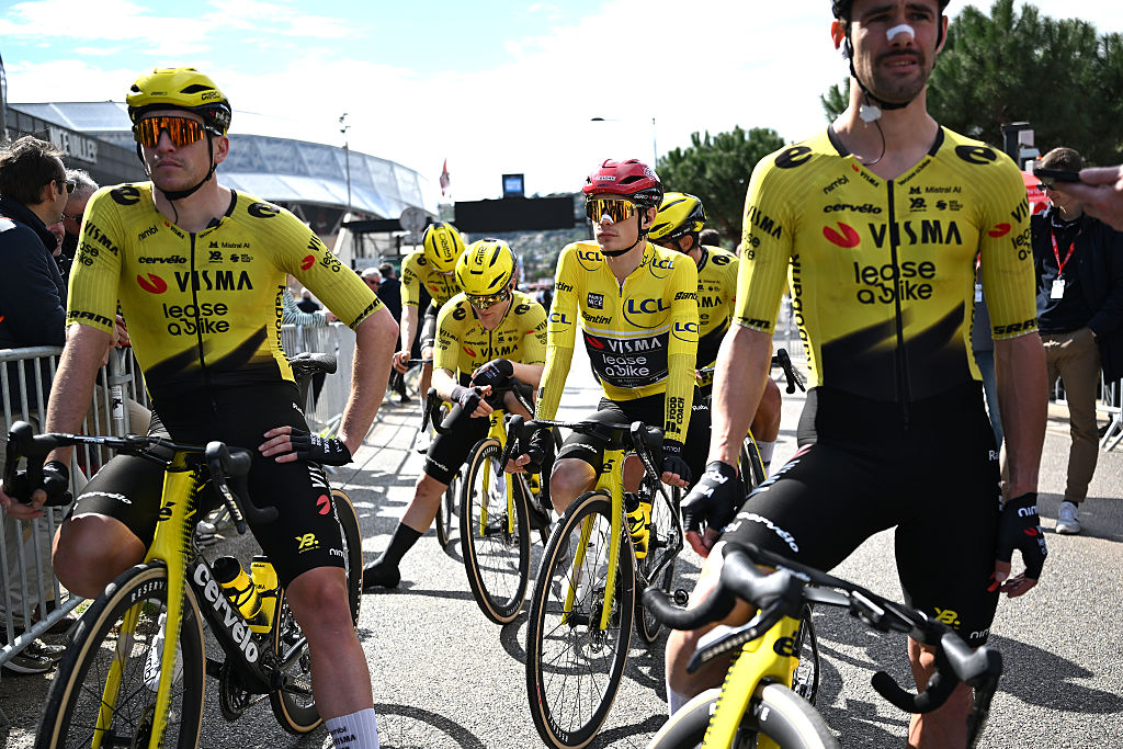 NICE, FRANCE - MARCH 15: Jonas Vingegaard of Denmark and Team Visma | Lease a Bike - Yellow Leader Jersey prior to the 84th Paris-Nice 2026, Stage 8 a 129.2km stage from Nice to Nice / #UCIWT / on March 15, 2026 in Nice, France. (Photo by Szymon Gruchalski/Getty Images)