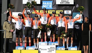 POUILLY-SUR-LOIRE, FRANCE - MARCH 10: Oscar Onley of Great Britain, Dorian Godon of France, Michal Kwiatkowski of Poland, Carlos Rodriguez of Spain, Joshua Tarling of Great Britain, Kevin Vauquelin of France, Samuel Watson of Great Britain and Team INEOS Grenadiers celebrate at podium as stage winners during the 84th Paris-Nice 2026, Stage 3 a 23.5km team time trial stage from Cosne-Cours-sur-Loire to Pouilly-sur-Loire / #UCIWT / on March 10, 2026 in Pouilly-sur-Loire, France. (Photo by Szymon Gruchalski/Getty Images)