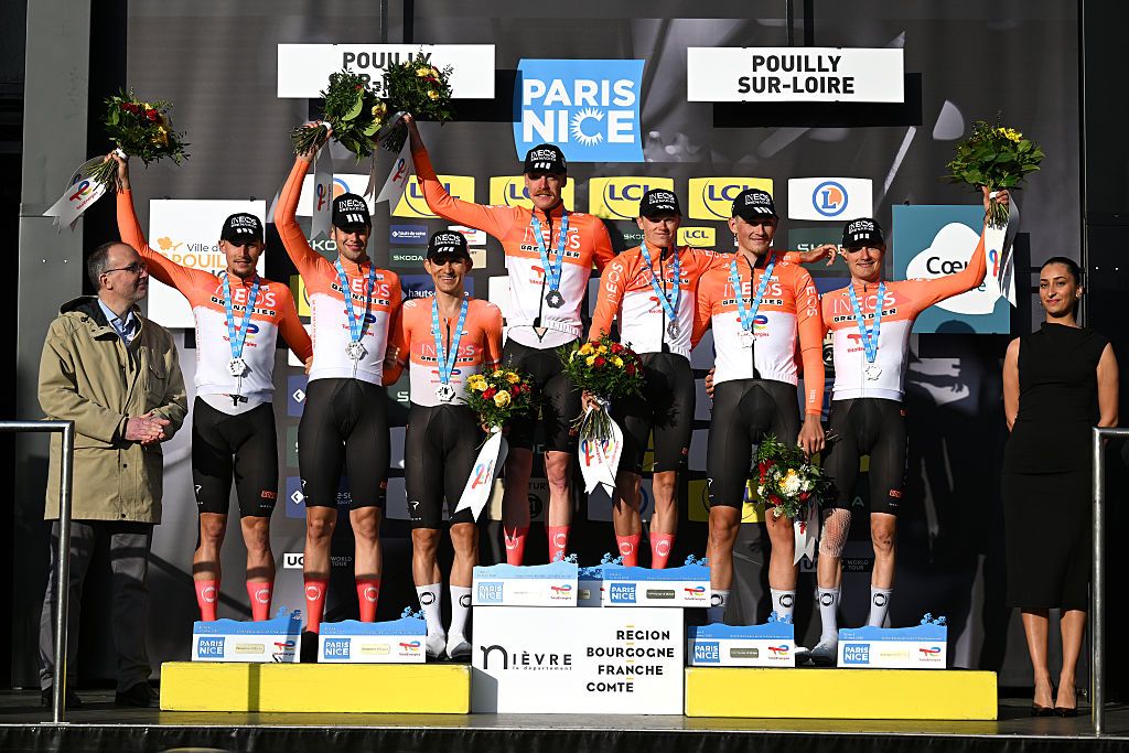 POUILLY-SUR-LOIRE, FRANCE - MARCH 10: Oscar Onley of Great Britain, Dorian Godon of France, Michal Kwiatkowski of Poland, Carlos Rodriguez of Spain, Joshua Tarling of Great Britain, Kevin Vauquelin of France, Samuel Watson of Great Britain and Team INEOS Grenadiers celebrate at podium as stage winners during the 84th Paris-Nice 2026, Stage 3 a 23.5km team time trial stage from Cosne-Cours-sur-Loire to Pouilly-sur-Loire / #UCIWT / on March 10, 2026 in Pouilly-sur-Loire, France. (Photo by Szymon Gruchalski/Getty Images)