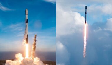 montage of two photos showing white and black rockets launching to blue skies