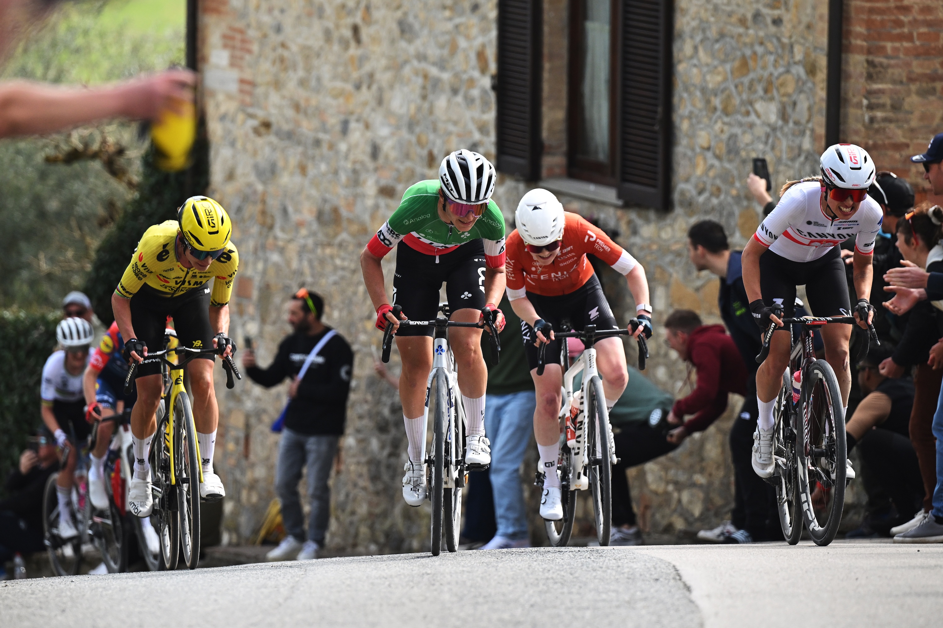 SIENA, ITALY - MARCH 07: (L-R) Marianne Vos of Netherlands and Team Visma | Lease a Bike, Elisa Longo Borghini of Italy and UAE Team ADQ, Puck Pieterse of Netherlands and Team Fenix-Premier Tech and Kasia Niewiadoma of Poland and Team CANYON//SRAM zondacrypto compete in the breakaway during to the 12th Strade Bianche Donne 2026 a 133km one day race from Siena to Siena / #UCIWWT / on March 07, 2026 in Siena, Italy. (Photo by Luc Claessen/Getty Images)