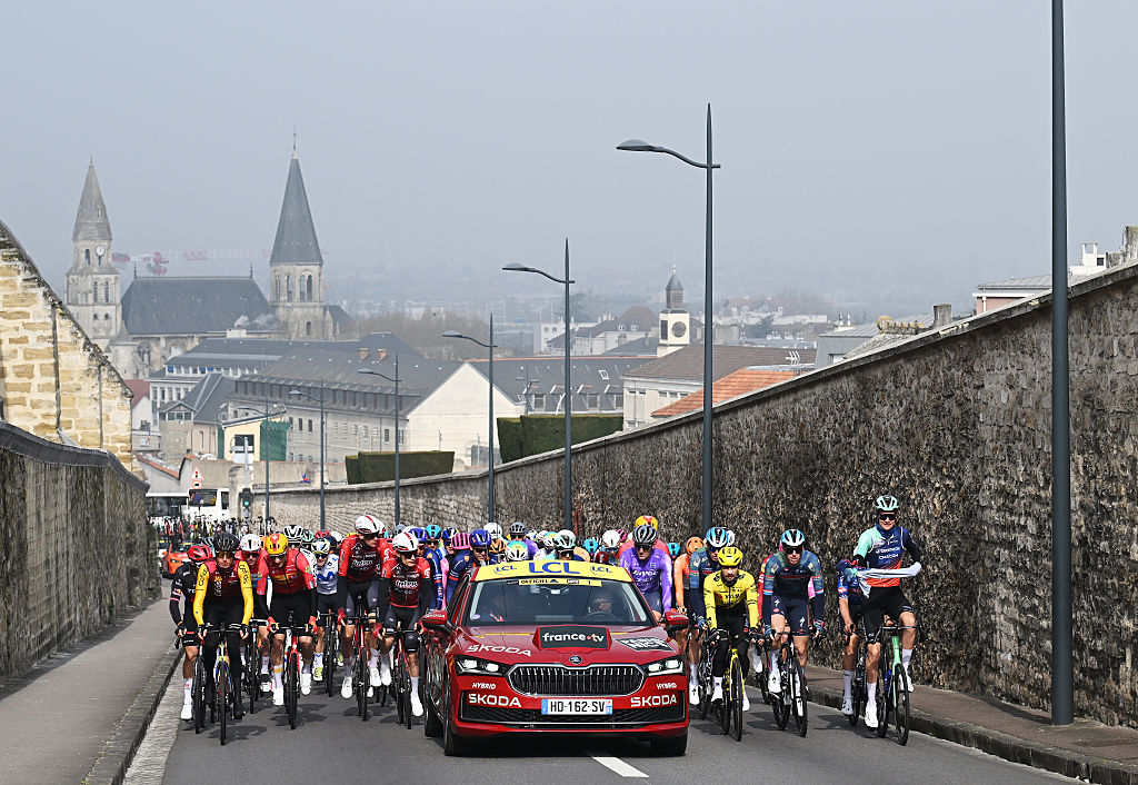 ACHERES, FRANCE - MARCH 08: A general view of the peloton prior to the 84th Paris-Nice 2026, Stage 1 a 170.9km stage from Acheres to Carrieres-sous-Poissy / #UCIWT / on March 08, 2026 in Acheres, France. (Photo by Szymon Gruchalski/Getty Images)