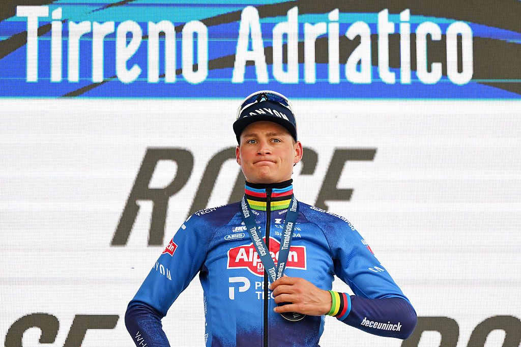 MARTINSICURO, ITALY - MARCH 12: Mathieu van der Poel of Netherlands and Team Alpecin-Premier Tech celebrates at podium as stage winner during the 61st Tirreno-Adriatico 2026, Stage 4 a 213km stage from Tagliacozzo to Martinsicuro / #UCIWT / on March 12, 2026 in Martinsicuro, Italy. (Photo by Tim de Waele/Getty Images)
