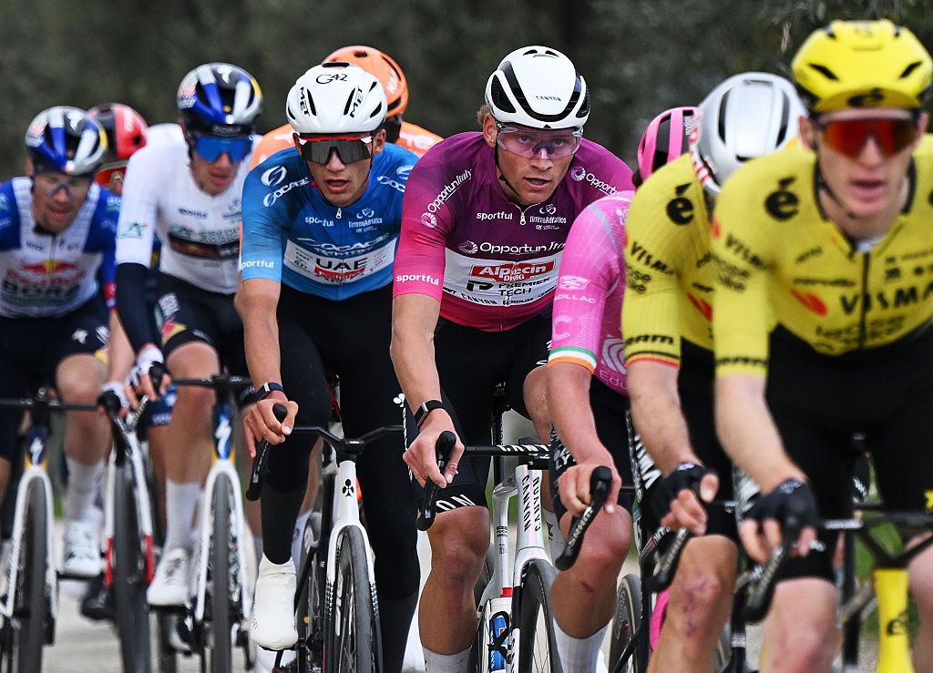 MARTINSICURO, ITALY - MARCH 12: (L-R) Isaac Del Toro of Mexico and UAE Team Emirates - XRG - Blue Leader Jersey and Mathieu van der Poel of Netherlands and Team Alpecin-Premier Tech - Purple Sprint Jersey compete during the 61st Tirreno-Adriatico 2026, Stage 4 a 213km stage from Tagliacozzo to Martinsicuro / #UCIWT / on March 12, 2026 in Martinsicuro, Italy. (Photo by Tim de Waele/Getty Images)