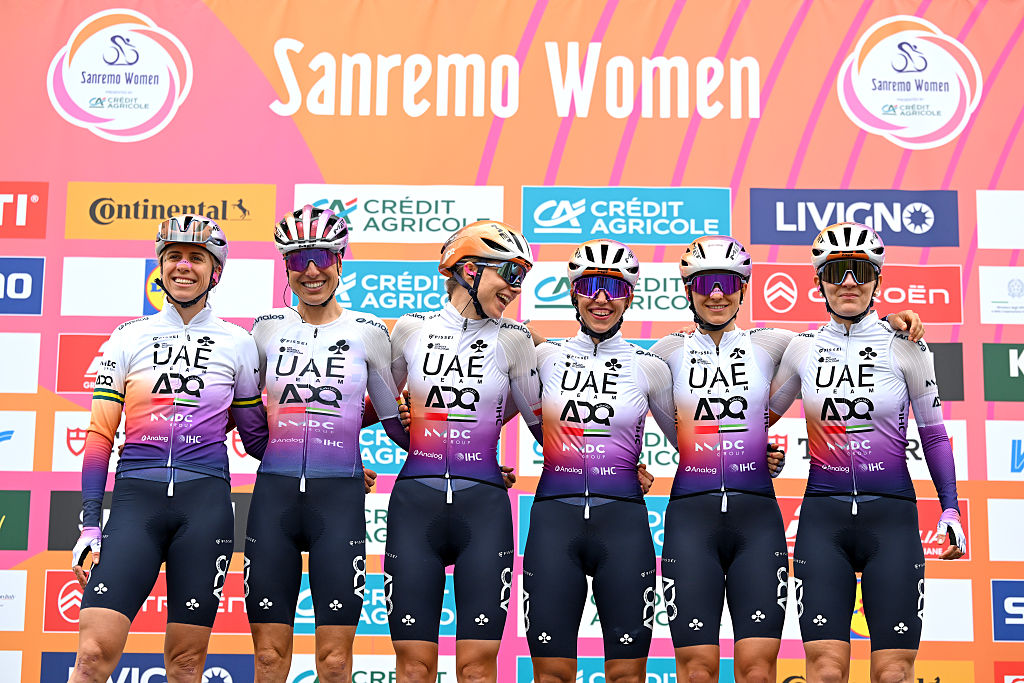 GENOVA, ITALY - MARCH 21: A general view of Alena Amialiusik of Belarus, Brodie Chapman of Australia, Mavi Garcia of Spain, Eleonora Camilla Gasparrini of Italy, Silvia Persico of Italy, Dominika Wlodarczyk of Poland and UAE Team ADQ prior to the 8th Milano-Sanremo Donne 2026, Women's Elite a 156km one day race from Genova to Sanremo / #UCIWWT / on March 21, 2026 in Genova, Italy. (Photo by Tim de Waele/Getty Images)