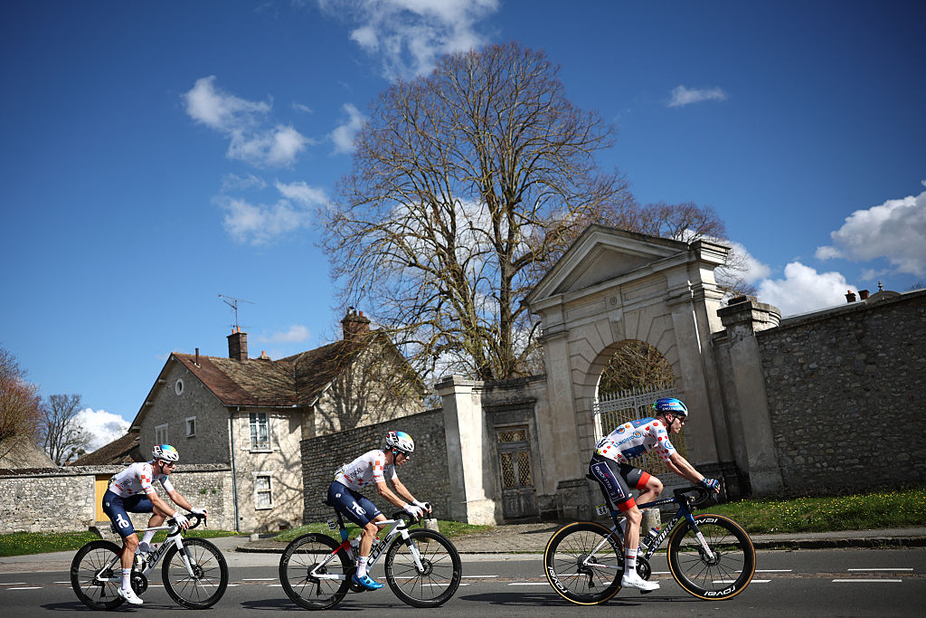 (From R) Soudal Quick-Step's Danish rider Casper Pedersen, TotalEnergies' French rider Matt&eacute;o Vercher and TotalEnergies' French rider Mathis Le Berre ride in a breakaway during the 2nd stage of the Paris-Nice cycling race, 187 km between &Eacute;p&ocirc;ne and Montargis, on March 9, 2026. (Photo by Anne-Christine POUJOULAT / AFP)