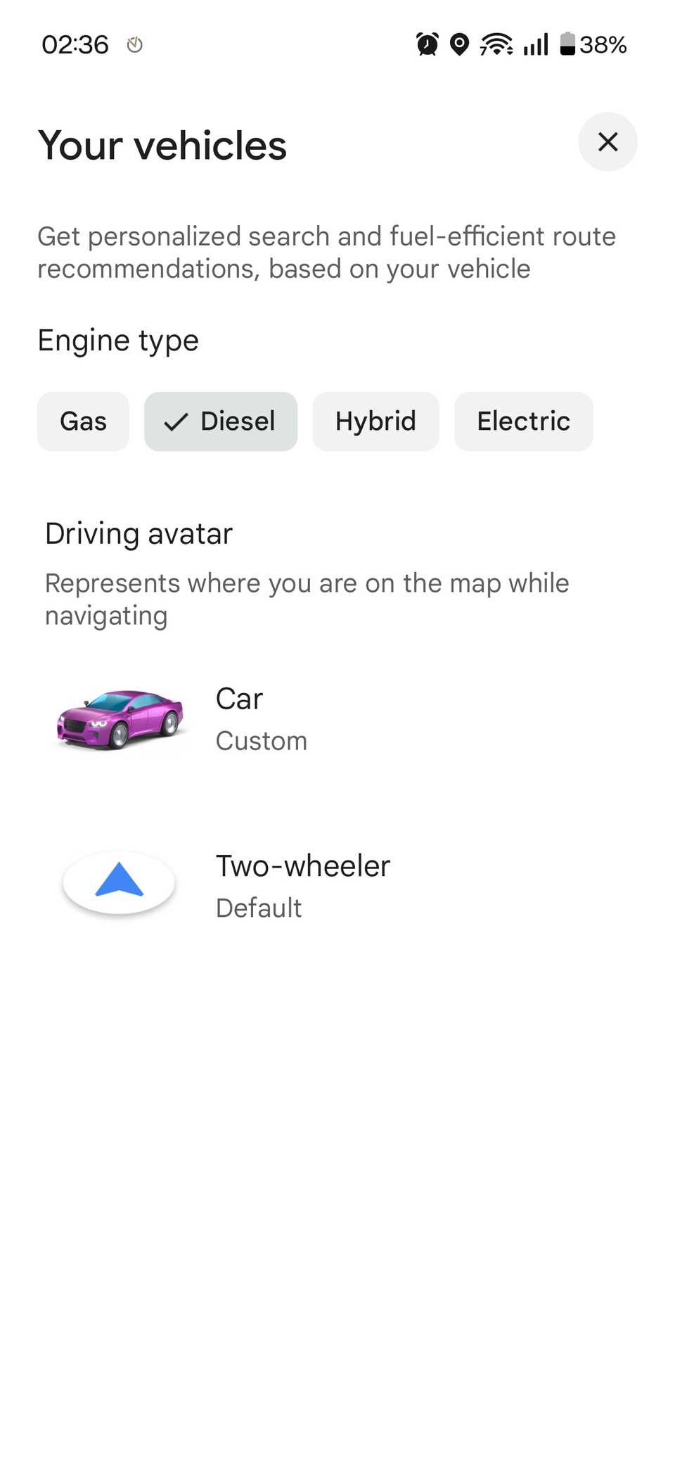 The Your vehicles settings in Google Maps.