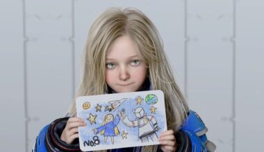 Pragmata sketchbook demo Diana holding up a drawing