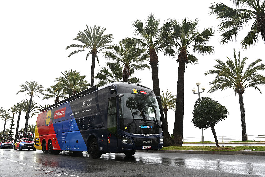 NICE, FRANCE - MARCH 14: Team Lidl - Trek bus prior to the 84th Paris-Nice 2026, Stage 7 a 47km stage from Nice to Isola 855m / The finish was moved from Auron to Isola, due to adverse weather conditions / #UCIWT / on March 14, 2026 in Nice, France. (Photo by Szymon Gruchalski/Getty Images)