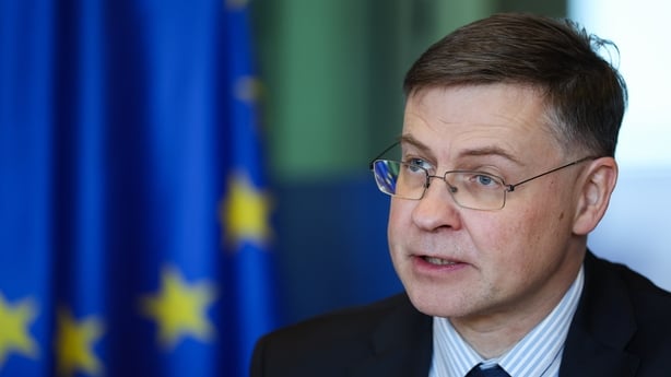 Valdis Dombrovskis, economy commissioner for the European Union (EU), at the European Parliament Committee meeting on Economic and Monetary Affairs in Brussels, Belgium, on Thursday, April 9, 2026. 
