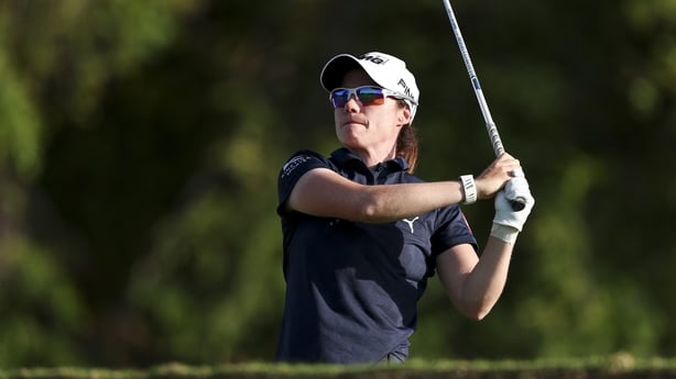 TARZANA, CALIFORNIA - APRIL 16: Leona Maguire of Ireland hits a tee shot on the 18th hole during the first round of the JM Eagle LA Championship presented by Plastpro at El Caballero Country Club on April 16, 2026 in Tarzana, California. (Photo by Harry How/Getty Images)