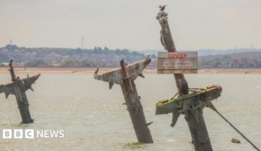 The tops of three masts on the wreck of the SS Richard Montgomery can be seen above the waterline and from the shore.