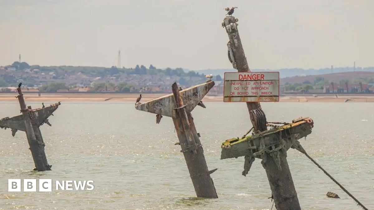 The tops of three masts on the wreck of the SS Richard Montgomery can be seen above the waterline and from the shore.